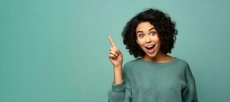 a woman with curly hair pointing to something, genarative ai photo