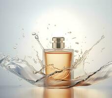 transparent Bottle of perfume with splash on light background. generative ai photo