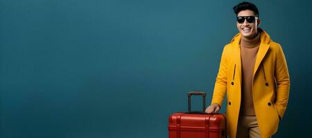 asian man with suitcase for summer trip on yellow background. Vacation travel concept. copy space. genarative ai photo