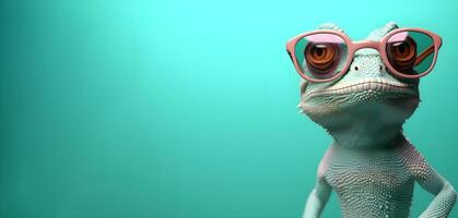 Creative animal concept. a lizard wearing glasses on a green background, digital art, faceted, copy space. Generative AI photo