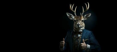 portrait of a a deer wearing  suit  and tie, copy space. generative ai photo