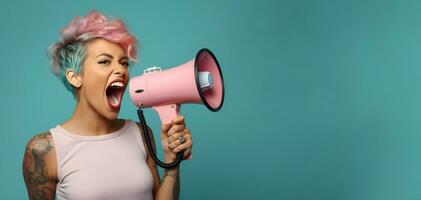 Woman shouting through megaphone, generative ai photo