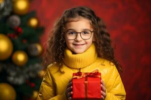 retrato de sonriente linda niña con Rizado pelo participación un regalo caja con cinta. generativo ai foto