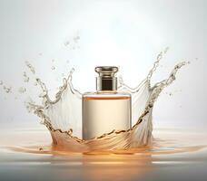 transparent Bottle of perfume with splash on light background. generative ai photo