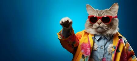 creativo animal concepto. un gato vistiendo Gafas de sol y un chaqueta , digital arte, facetado, Copiar espacio. generativo ai foto