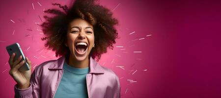 Image of african american woman smiling while talking on cellphone, AI Generative photo