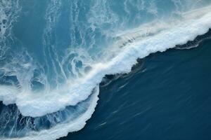 an aerial view of a wave breaking on the ocean.Drone photo backdrop of sea wave in bird eye waves. generative ai