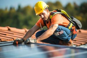 Solar power engineer installing solar panels on the roof. generative ai photo