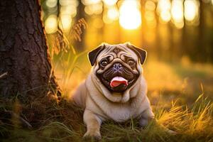 Portrait cute pug on the meadow with light exposure AI Generative photo