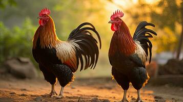 Portrait chicken in the farm with light exposure AI Generative photo