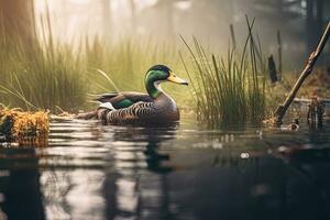 portrait of a mallard duck swimming in a river AI Generaive photo