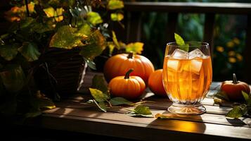 A Glass cocktail with autumn leaf on the table AI Generative photo