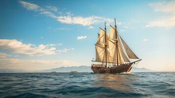 retrato Pinisi Embarcacion navegación en el mar con ligero exposición ai generativo foto