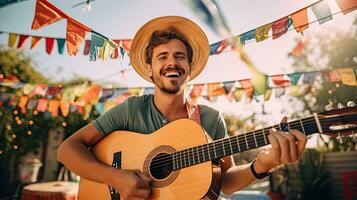 Portrait man wearing sombrero playing guitar AI Generative photo