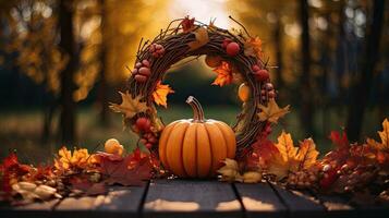 Pumpkin with autumn leaf wreath AI Generative photo