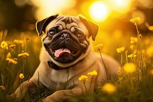 Portrait cute pug on the meadow with light exposure AI Generative photo