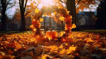 Portrait pumpkin with autumn leaf wreath AI Generative photo