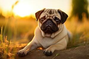 Portrait cute pug on the meadow with light exposure AI Generative photo