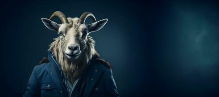 goat wearing a blue jacket and a scarf , copy space. generative ai photo