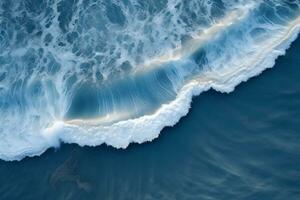 an aerial view of a wave breaking on the ocean.Drone photo backdrop of sea wave in bird eye waves. generative ai