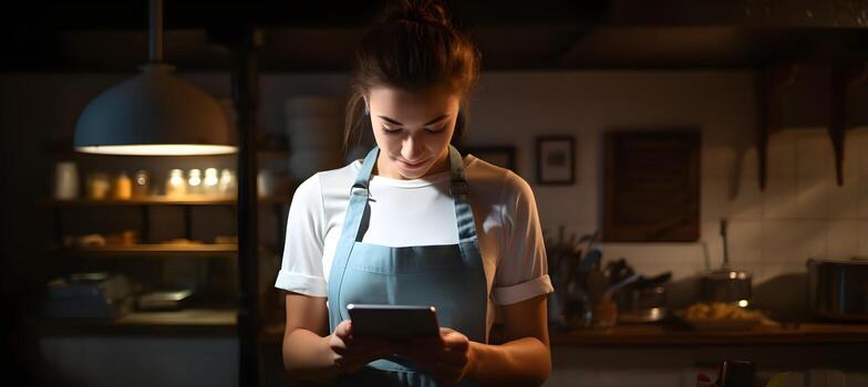 Portrait of smiling waitress barista using mobile phone at work, AI Generative photo