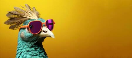 creativo animal concepto. un pavo real vistiendo Gafas de sol en un amarillo fondo, digital arte, facetado, Copiar espacio. generativo ai foto