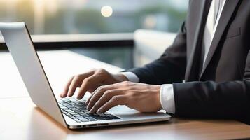 Close up of businessman hands typing on laptop keyboard. Close up of male hands typing on laptop keyboard. Business concept, AI Generative photo