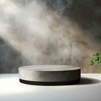 Light gray wall with a podium and beautiful lighting. Background for product presentation. Generative AI photo