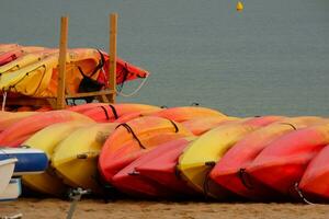 Kayaks and colorful sea skates on the beach photo