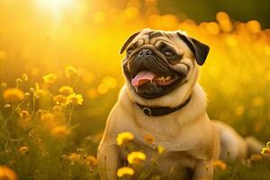 Portrait cute pug on the meadow with light exposure AI Generative photo