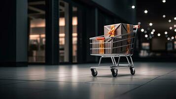 Portrait shopping cart with gift boxes AI Generative photo