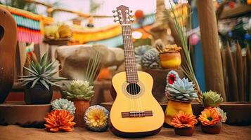 retrato guitarra en el mesa con cactus en el maceta ai generativo foto