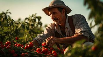 Portrait farmer picking tomatoes AI Generative photo