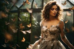 Portrait beautiful woman with butterfly in the garden AI Generative photo