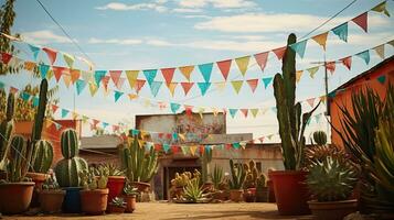 Portrait cactus on the pot with bunting AI Generative photo