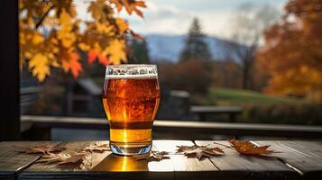 Portrait a glass of beer with autumn leaf on the table AI Generative photo