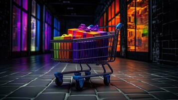 Portrait shopping cart with gift boxes in the supermarket AI Generative photo