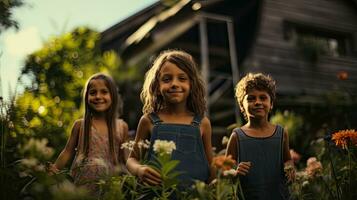 Portrait kids playing in the garden AI Generative photo