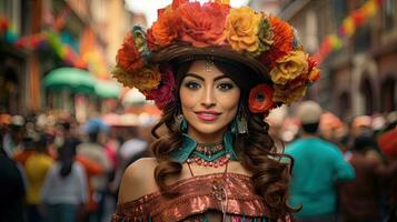 hermosa mujer con disfraz en el carnaval ai generativo foto