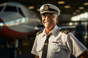 a pilot man portrait with airplane on the background photo