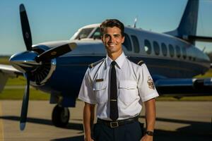 a pilot man portrait with airplane on the background photo