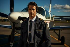 a pilot man portrait with airplane on the background photo