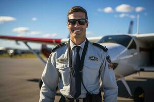 a pilot man portrait with airplane on the background photo