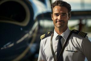 a pilot man portrait with airplane on the background photo