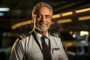 a pilot man portrait with airplane on the background photo