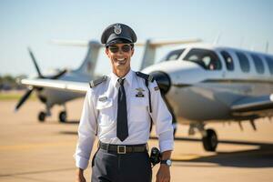 a pilot man portrait with airplane on the background photo