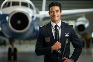 a pilot man portrait with airplane on the background photo