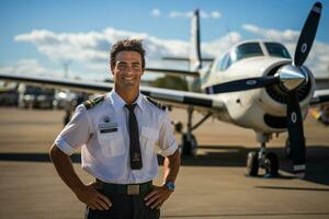 a pilot man portrait with airplane on the background photo