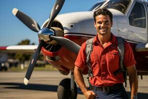 a pilot man portrait with airplane on the background photo