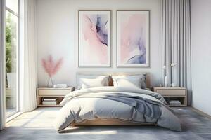 Minimalistic White Bed with Colorful Abstract Wall Decor, Genarative ai photo